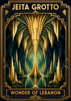 Cathedral of Stone — Jeita Grotto art print: symmetrical art deco composition of towering pale gold and green limestone columns and draperies mirrored in still water, framed in gold, captioned WONDER OF LEBANON