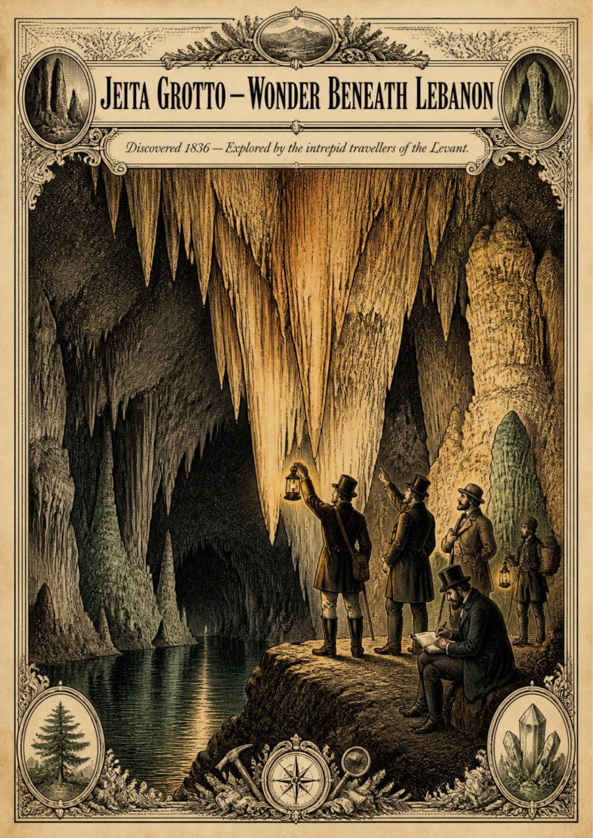 Iktishaf 1836 — Jeita Grotto art print: sepia engraving-style plate of Victorian explorers in top hats holding torches at the edge of an underground lake among jagged stalactites, with ornate borders and the date 1836