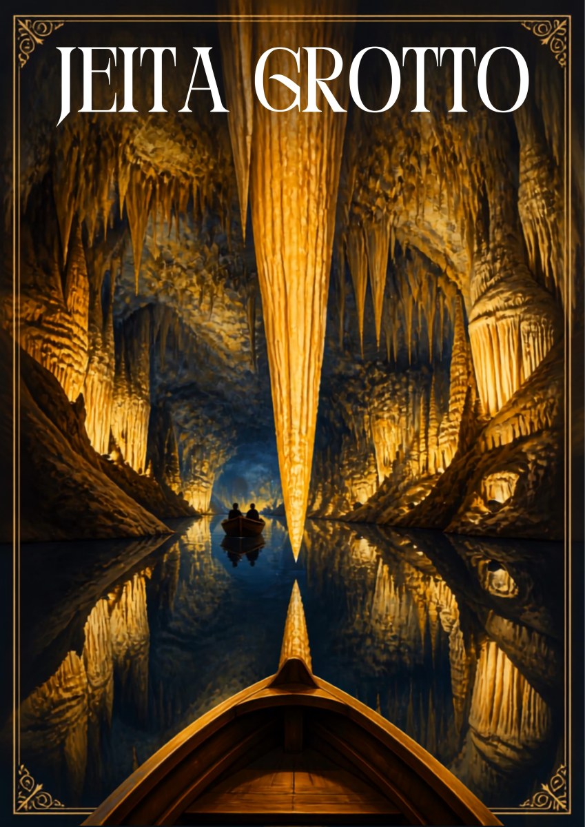 Mirror of the Deep — Jeita Grotto art print: photographic-style view from the prow of a wooden boat looking down a warmly lit golden cavern, a giant central stalactite and its reflection meeting in dark still water