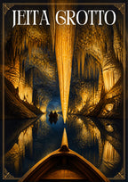 Mirror of the Deep — Jeita Grotto art print: photographic-style view from the prow of a wooden boat looking down a warmly lit golden cavern, a giant central stalactite and its reflection meeting in dark still water