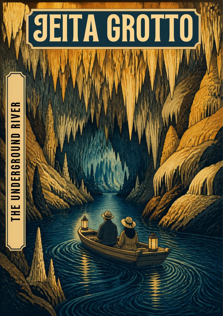 The Underground River — Jeita Grotto art print: illustration of two lantern-lit passengers rowing a small boat along a deep blue subterranean river beneath a dense ceiling of golden stalactites