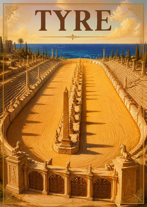 Al-Maydan — Tyre art print: sweeping sand-gold view down the length of the empty Roman hippodrome, its central obelisk and stone spina flanked by long tiers of seating and rows of cypresses, with the blue sea on the horizon