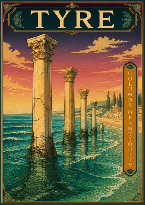 Amidat al-Bahr — Tyre art print: a receding line of weathered Corinthian columns standing in shallow turquoise sea under a pink and gold sunset sky, with a vertical panel reading 'Columns of Antiquity'