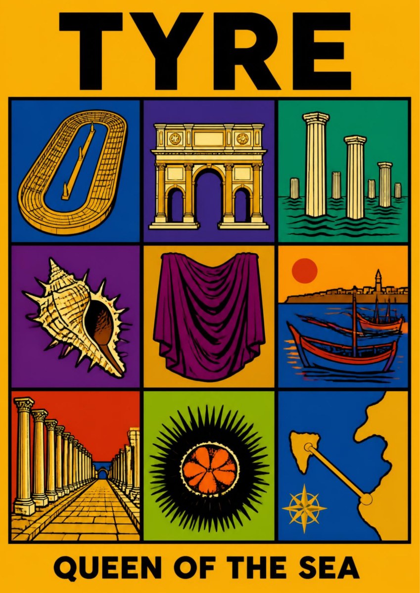 Murex & Purple — Tyre art print: bold pop-art grid of nine Tyre emblems on a saffron-yellow ground: the hippodrome, the triumphal arch, standing columns, a murex shell, draped Tyrian purple cloth, fishing boats at sunset, a colonnaded avenue, a rosette mosaic and a map of the causeway