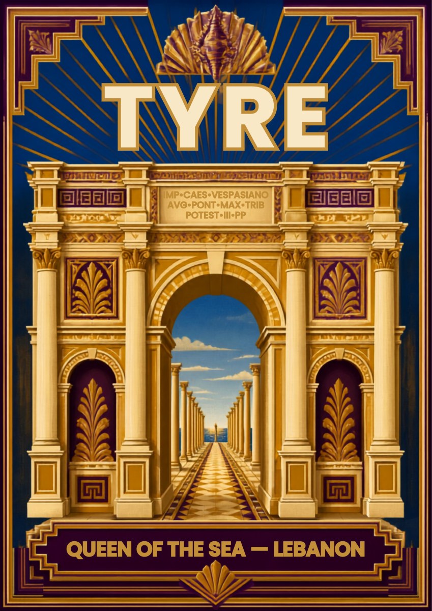 Qaws al-Nasr — Tyre art print: art deco rendering of Tyre's monumental Roman triumphal arch in cream and gold, framed by deep blue and purple borders, with the colonnaded road and blue sky visible through the archway