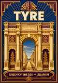 Qaws al-Nasr — Tyre art print: art deco rendering of Tyre's monumental Roman triumphal arch in cream and gold, framed by deep blue and purple borders, with the colonnaded road and blue sky visible through the archway