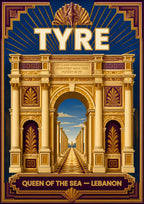 Qaws al-Nasr — Tyre art print: art deco rendering of Tyre's monumental Roman triumphal arch in cream and gold, framed by deep blue and purple borders, with the colonnaded road and blue sky visible through the archway