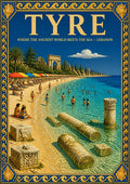 Ruins & Parasols — Tyre art print: sunny beach scene where bathers swim among toppled ancient columns and carved stone blocks in clear shallow water, with striped parasols, palms and the Roman arch behind, framed by a blue shell-patterned border