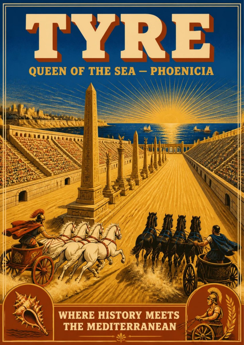 Sibaq al-Arabat — Tyre art print: golden-toned poster of a chariot race in Tyre's Roman hippodrome, two four-horse teams thundering past the stone obelisk and packed tiers of spectators as the sun sets, with a murex shell and charioteer emblem in the corners