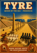 Sibaq al-Arabat — Tyre art print: golden-toned poster of a chariot race in Tyre's Roman hippodrome, two four-horse teams thundering past the stone obelisk and packed tiers of spectators as the sun sets, with a murex shell and charioteer emblem in the corners