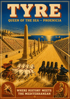 Sibaq al-Arabat — Tyre art print: golden-toned poster of a chariot race in Tyre's Roman hippodrome, two four-horse teams thundering past the stone obelisk and packed tiers of spectators as the sun sets, with a murex shell and charioteer emblem in the corners