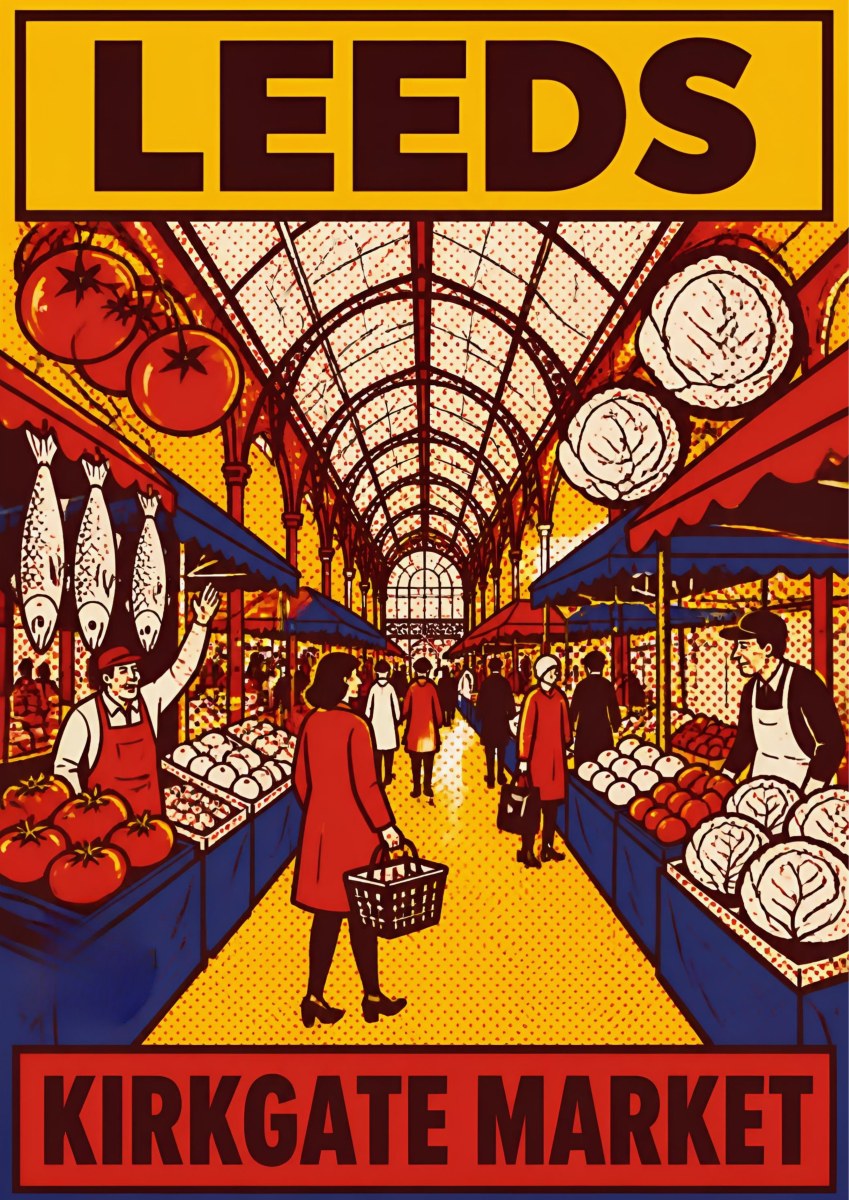 Kirkgate Market — Leeds art print: bold pop-art market hall interior in red, yellow and blue with stallholders, tomatoes, fish and cabbages under an iron and glass roof