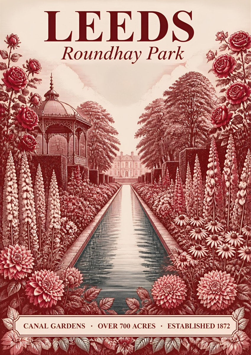 Roundhay Park — Leeds art print: monotone crimson engraving of the Canal Gardens at Roundhay Park with bandstand, long reflecting pool, roses and dahlias