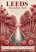 Roundhay Park — Leeds art print: monotone crimson engraving of the Canal Gardens at Roundhay Park with bandstand, long reflecting pool, roses and dahlias