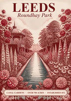 Roundhay Park — Leeds art print: monotone crimson engraving of the Canal Gardens at Roundhay Park with bandstand, long reflecting pool, roses and dahlias