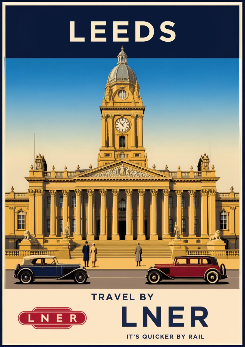 Travel By LNER — Leeds art print: leeds Town Hall in cream and gold beneath a deep blue sky, vintage motor cars below and an LNER railway panel in navy and red