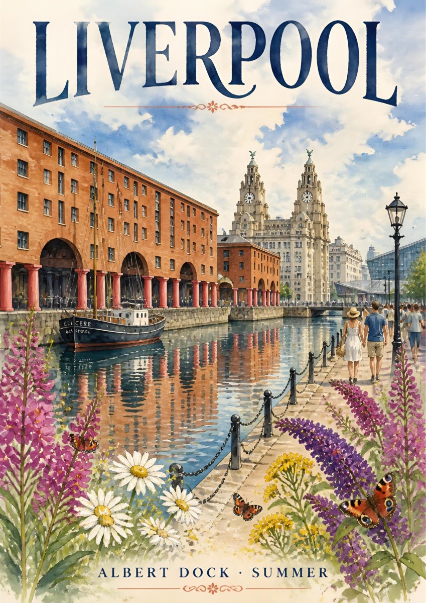 Albert Dock — Liverpool art print: watercolour of the Albert Dock warehouses and a moored boat with wildflowers and butterflies in the foreground, red brick and soft blue