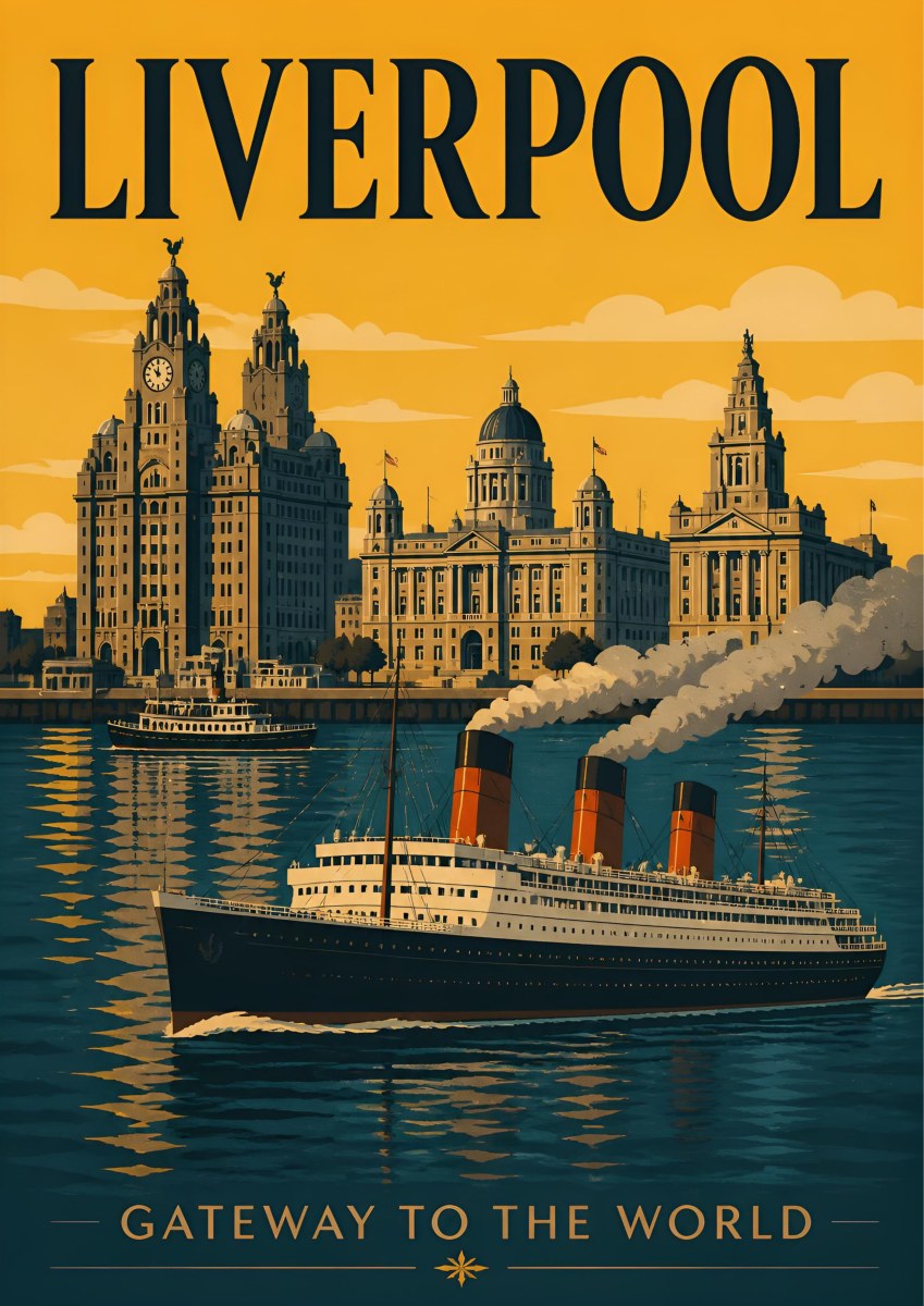 Gateway To The World — Liverpool art print: the Three Graces waterfront in gold against an amber sky with a three-funnel ocean liner steaming on the teal Mersey