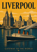 Gateway To The World — Liverpool art print: the Three Graces waterfront in gold against an amber sky with a three-funnel ocean liner steaming on the teal Mersey