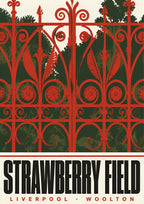 Strawberry Field — Liverpool art print: close-up of the scarlet wrought-iron Strawberry Field gates against dark green foliage, with bold black lettering below