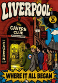 The Cavern Club — Liverpool art print: comic-book Mathew Street scene with a queue of mods outside the Cavern Club, vinyl record and halftone dots in red, blue and yellow