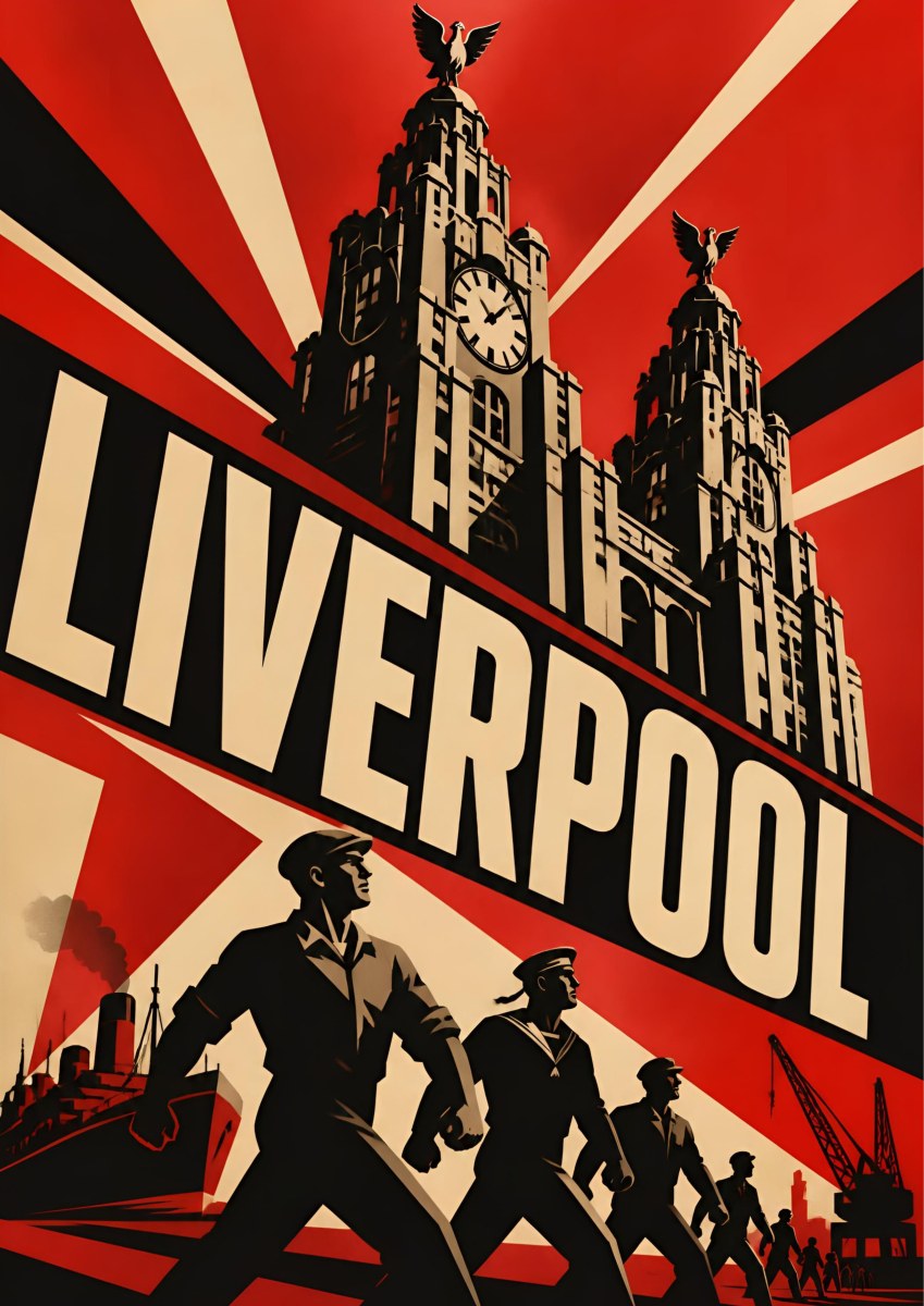 The Liver Birds — Liverpool art print: constructivist red, black and cream poster of dockers and a sailor striding beneath the Liver Building towers and its liver birds