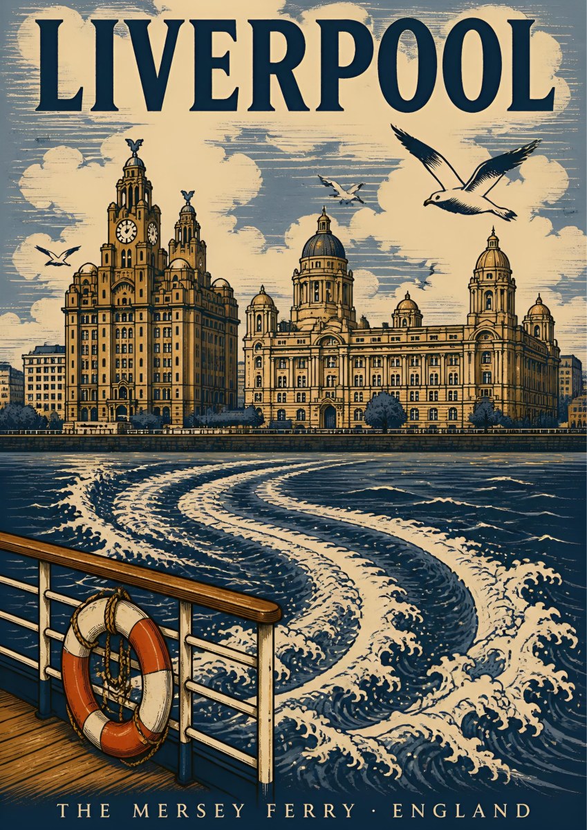 The Mersey Ferry — Liverpool art print: engraved view from a ferry deck, lifebuoy and churning wake in navy and cream, the Liver Building and Port of Liverpool building beyond