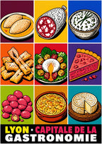 Capitale de la Gastronomie — Lyon art print: nine bright colour-block panels of Lyonnais dishes - quenelles, rosette, cervelle de canut, praline tart, saint-marcellin