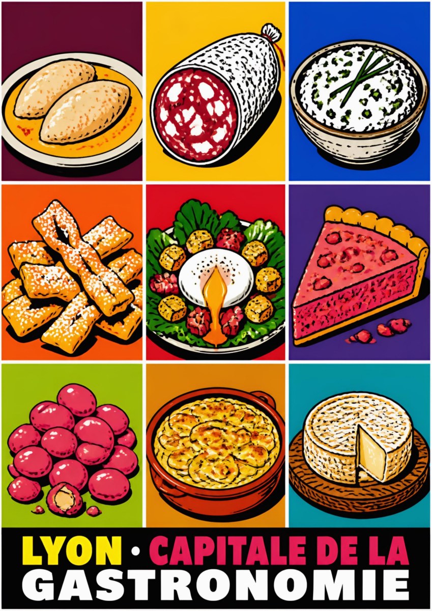 Capitale de la Gastronomie — Lyon art print: nine bright colour-block panels of Lyonnais dishes - quenelles, rosette, cervelle de canut, praline tart, saint-marcellin