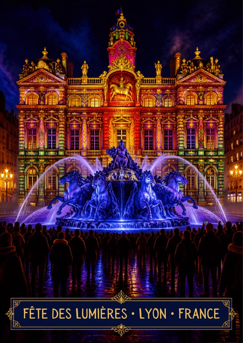 Fête des Lumières — Lyon art print: the Hôtel de Ville and Bartholdi fountain lit magenta and gold at night, crowd silhouetted in the foreground