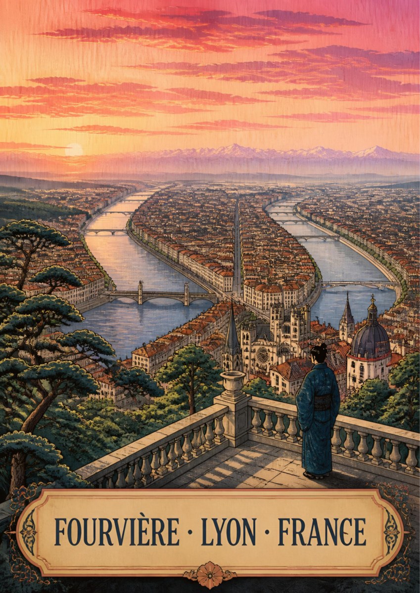 Fourvière — Lyon art print: panorama from Fourvière over the two rivers and rooftops at sunrise, a woman in blue on a stone terrace, pink and gold sky