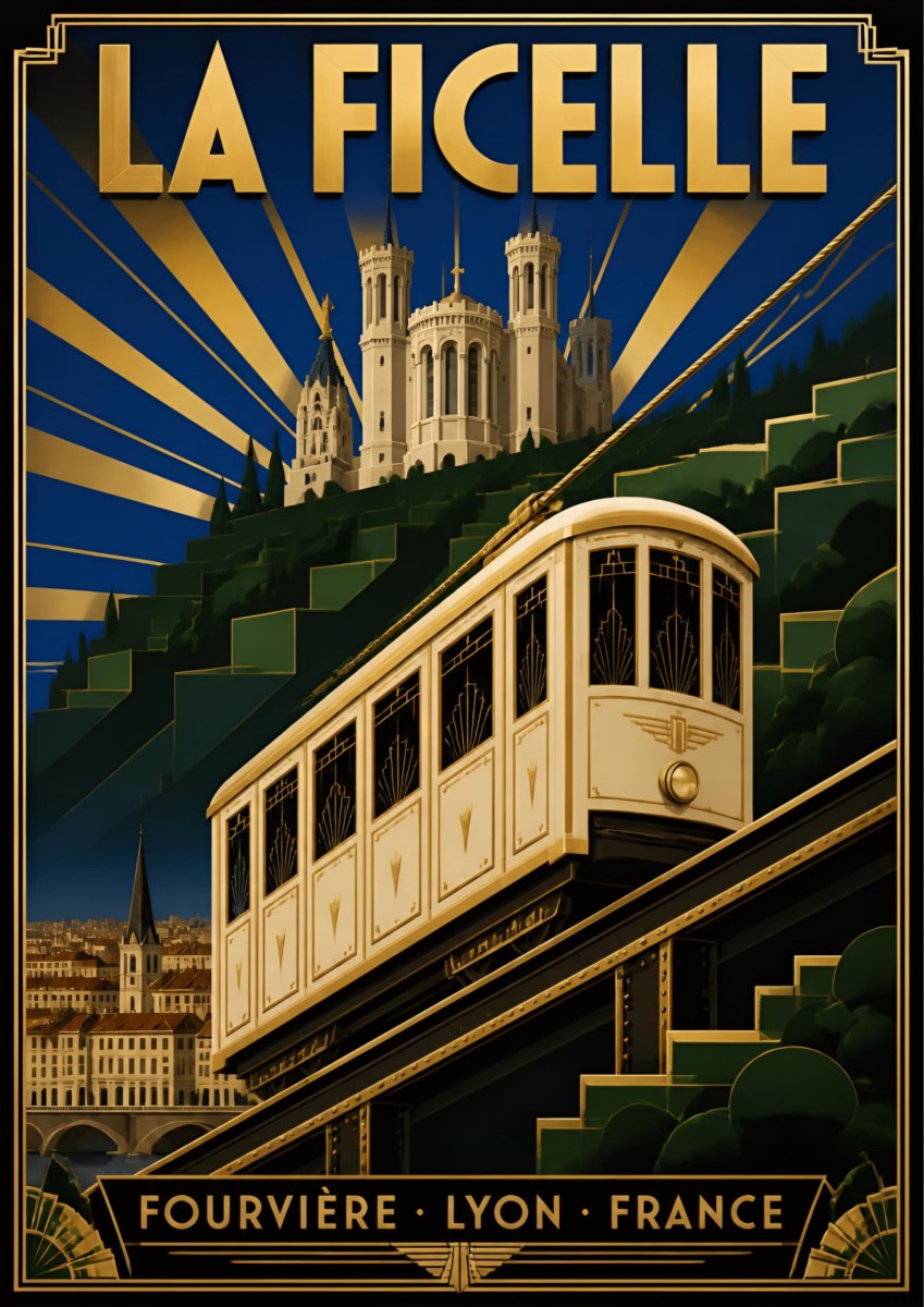 La Ficelle — Lyon art print: the cream Fourvière funicular climbing the green hillside in art deco gold-on-navy, basilica above