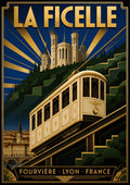 La Ficelle — Lyon art print: the cream Fourvière funicular climbing the green hillside in art deco gold-on-navy, basilica above