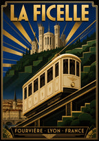 La Ficelle — Lyon art print: the cream Fourvière funicular climbing the green hillside in art deco gold-on-navy, basilica above