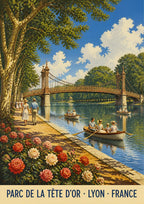Parc de la Tête d'Or — Lyon art print: rowing boats on the park lake beneath a green iron footbridge, strollers, roses and summer clouds