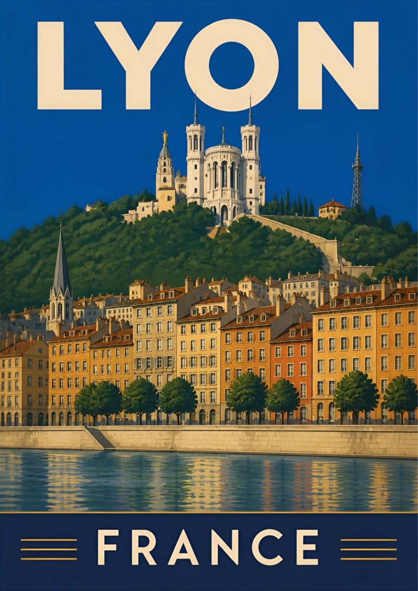 Quais de Saône — Lyon art print: fourvière basilica on its hill above the ochre and amber facades of the Saône quays, deep blue sky