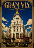 Gran Vía — Madrid art print: the Metropolis building with its winged statue and dome, 1920s cars and strollers on a sunny Gran Vía