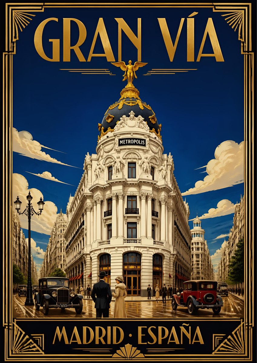Gran Vía — Madrid art print: the Metropolis building with its winged statue and dome, 1920s cars and strollers on a sunny Gran Vía