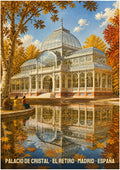 Palacio de Cristal — Madrid art print: the Retiro's glass palace reflected in its pond among golden autumn trees, blue sky and drifting leaves