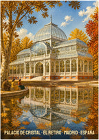 Palacio de Cristal — Madrid art print: the Retiro's glass palace reflected in its pond among golden autumn trees, blue sky and drifting leaves