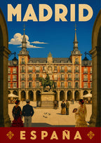 Plaza Mayor — Madrid art print: the Plaza Mayor's red and ochre facades and equestrian statue seen through an arcade, flamenco dresses in the square
