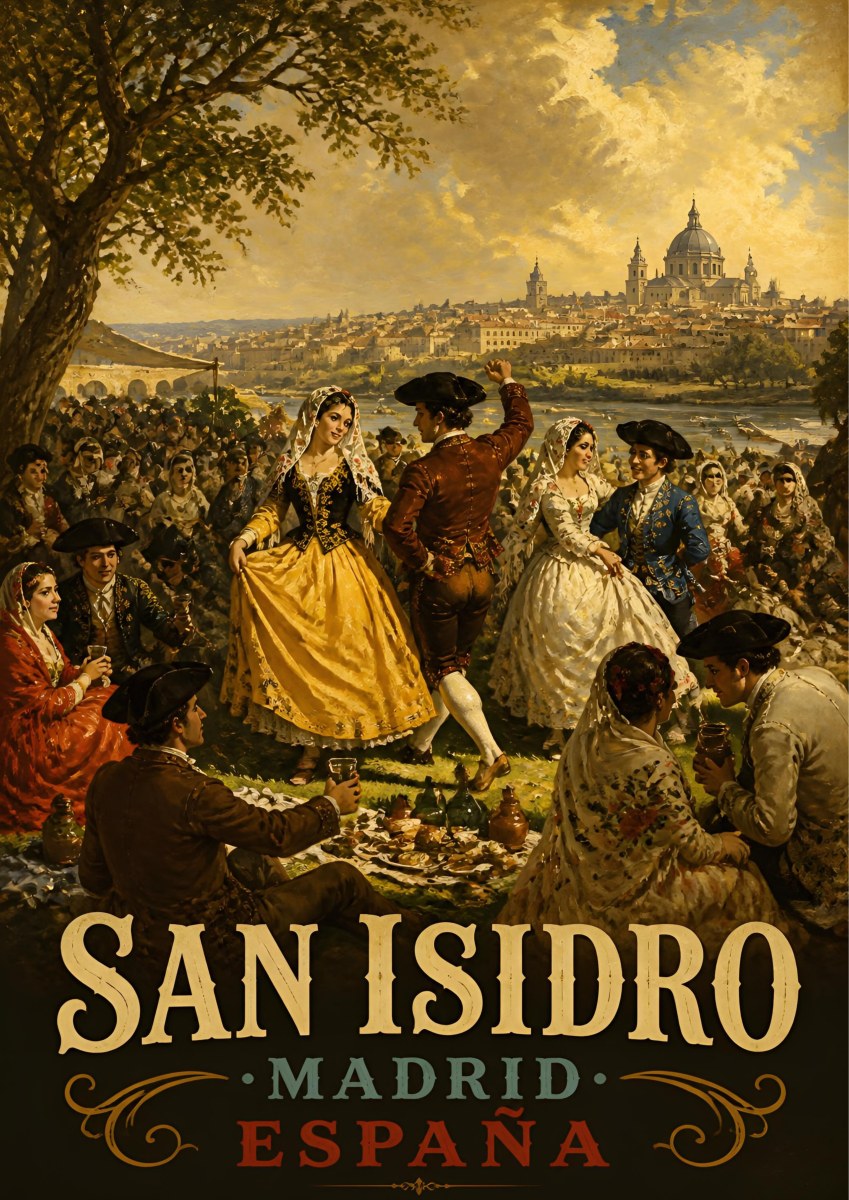 San Isidro — Madrid art print: goya-style scene of Madrileños in period dress dancing and picnicking above the city on the festival day