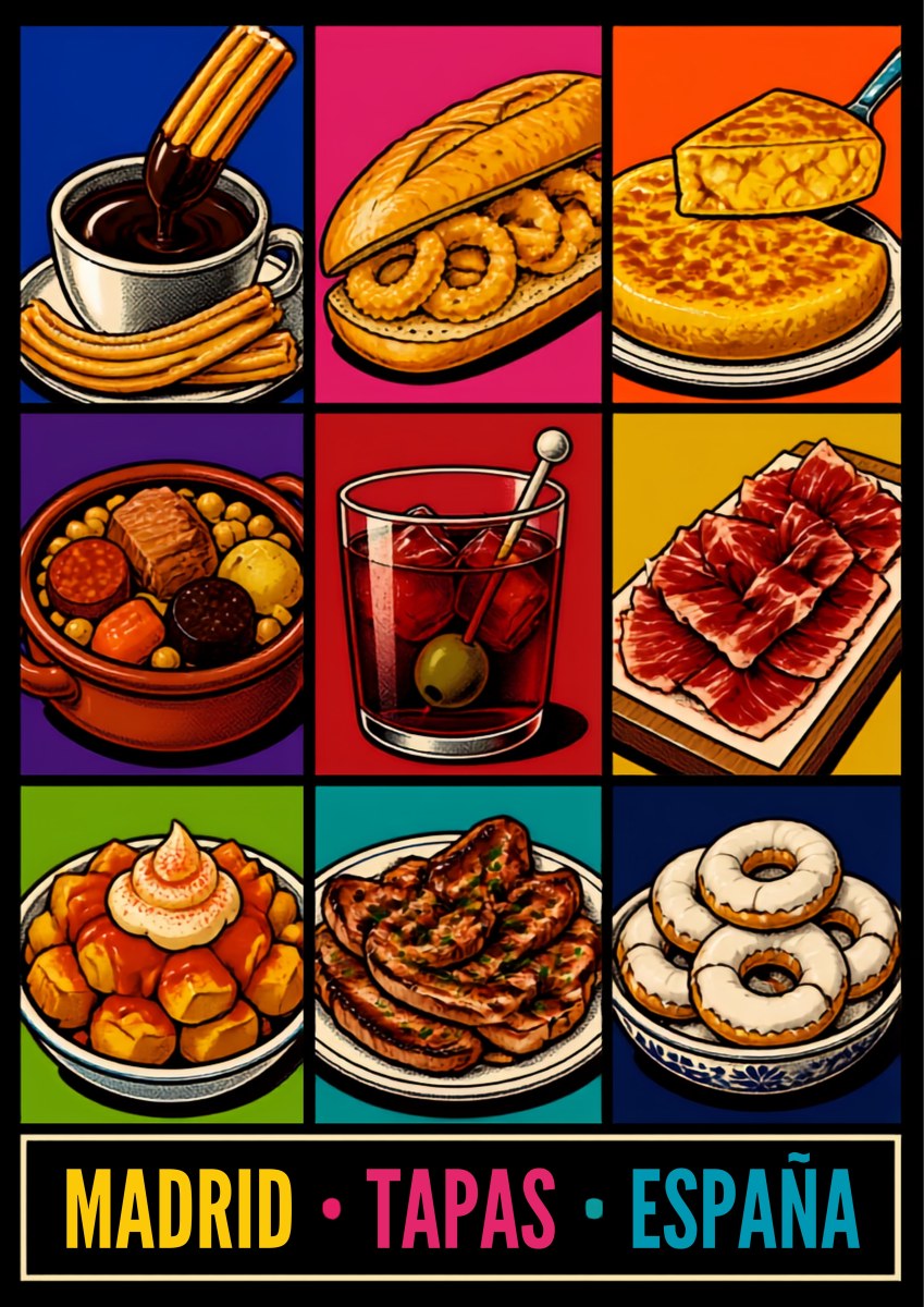 Tapas Madrileñas — Madrid art print: nine pop-art panels of Madrid classics - churros con chocolate, bocadillo de calamares, tortilla, cocido, vermut, jamón