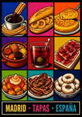Tapas Madrileñas — Madrid art print: nine pop-art panels of Madrid classics - churros con chocolate, bocadillo de calamares, tortilla, cocido, vermut, jamón
