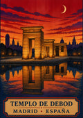Templo de Debod — Madrid art print: the Egyptian Temple of Debod mirrored in its pool under a blazing scarlet sunset and crescent moon
