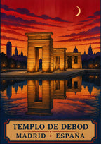 Templo de Debod — Madrid art print: the Egyptian Temple of Debod mirrored in its pool under a blazing scarlet sunset and crescent moon