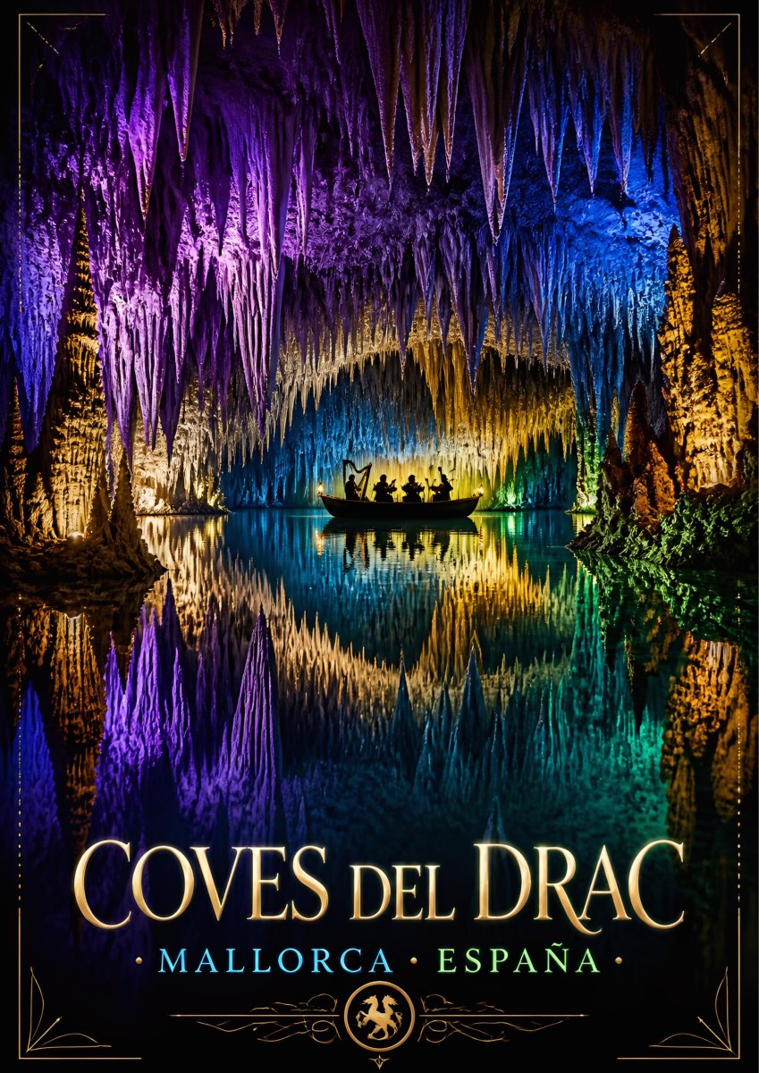 Coves del Drac — Mallorca art print: a boat on the underground lake of the Caves of Drach, violet and blue stalactites mirrored in still water