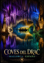 Coves del Drac — Mallorca art print: a boat on the underground lake of the Caves of Drach, violet and blue stalactites mirrored in still water