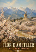 Flor d'Ametller — Mallorca art print: almond orchards in white blossom below a stone windmill and the snow-touched Tramuntana range