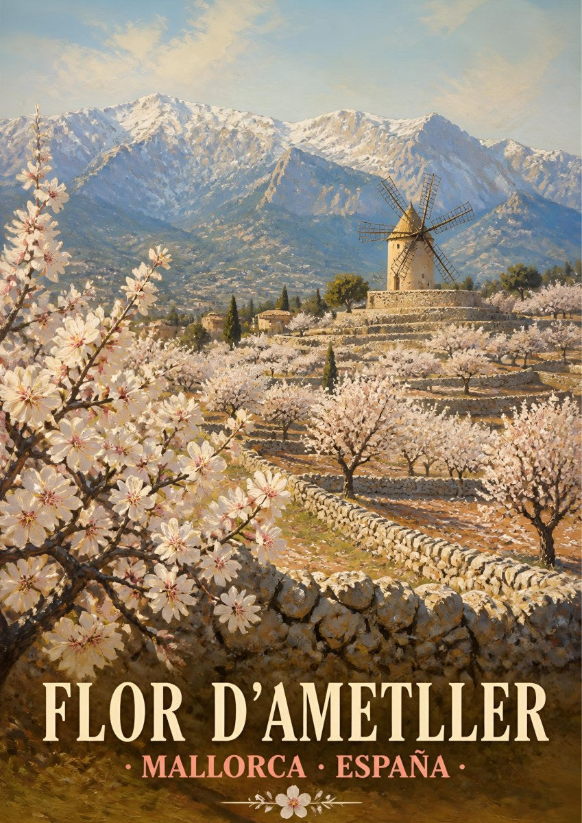 Flor d'Ametller — Mallorca art print: almond orchards in white blossom below a stone windmill and the snow-touched Tramuntana range